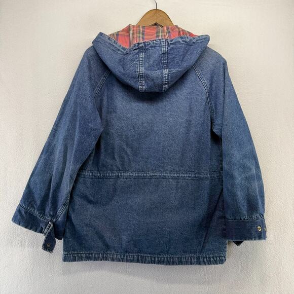 Vintage LL Bean Jacket Womens M/L Blue Denim Hooded Barn Chore Flannel Lined 90s - Picture 5 of 12